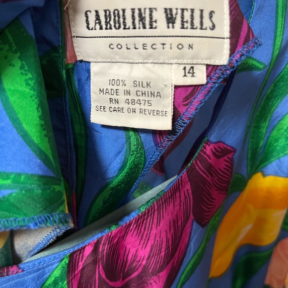 Vintage Caroline Wells Collection 100% Silk Blue Dress w/Tulip Floral Print - Picture 4 of 5